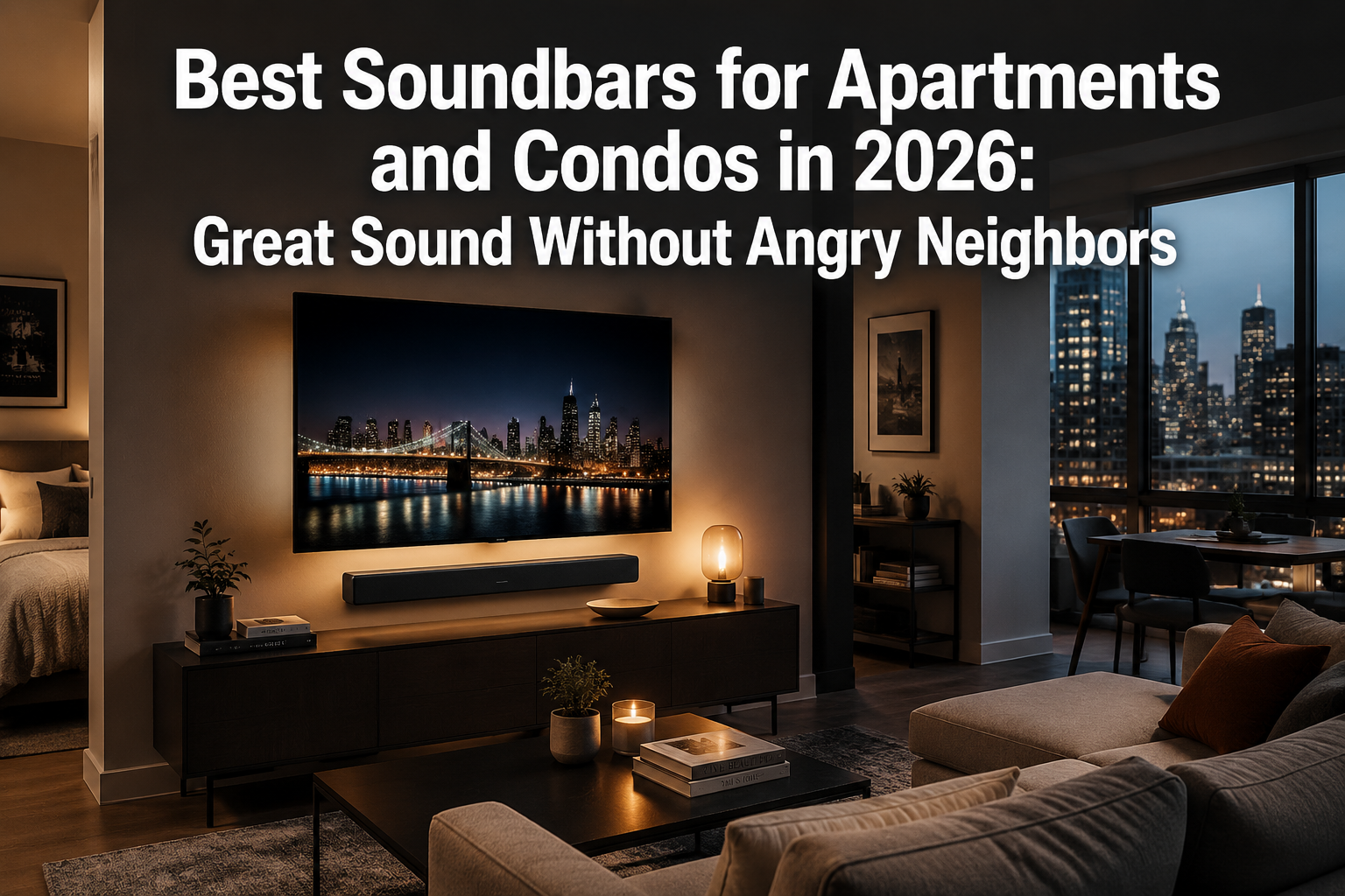 Professional () hero image with 'Best Soundbars for Apartments and Condos in 2026: Great Sound Without Angry Neighbors' in