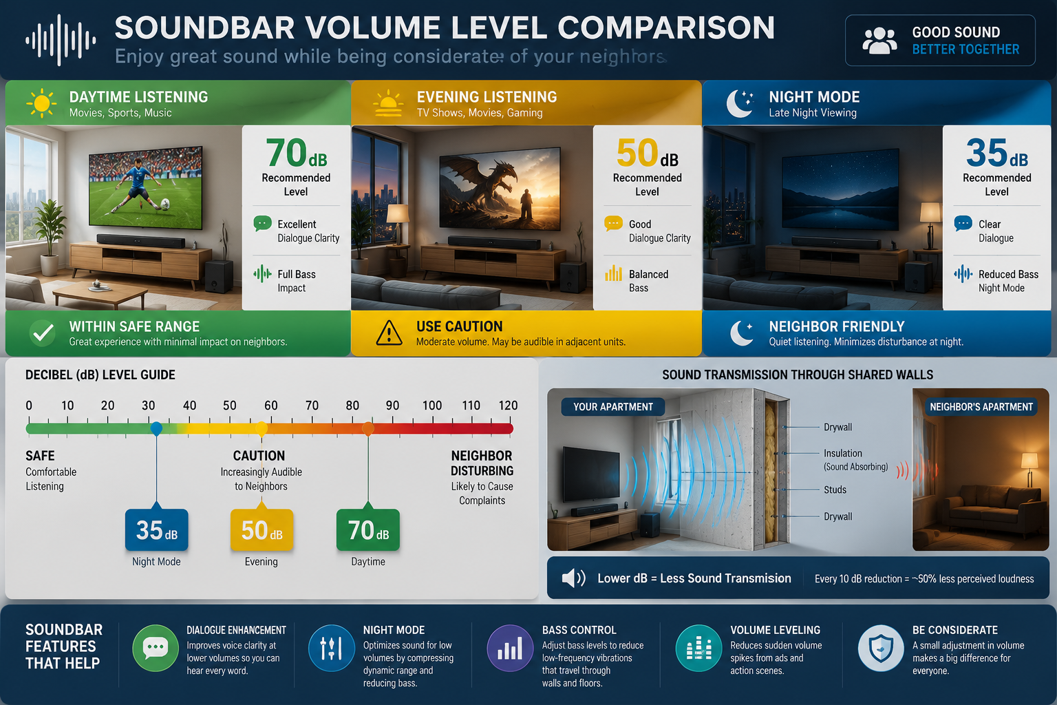 Landscape format (1536x1024) detailed infographic showing soundbar volume level comparison chart with decibel meter visualization, three apartment scenarios side-by-side: daytime listening at 70dB, evening at 50dB, night mode at 35dB, with color-coded zones (green safe, yellow caution, red neighbor-disturbing), wall cross-section illustration showing sound wave transmission through shared walls, modern minimalist design with clean typography, icons representing dialogue clarity and bass control features, professional technical illustration style