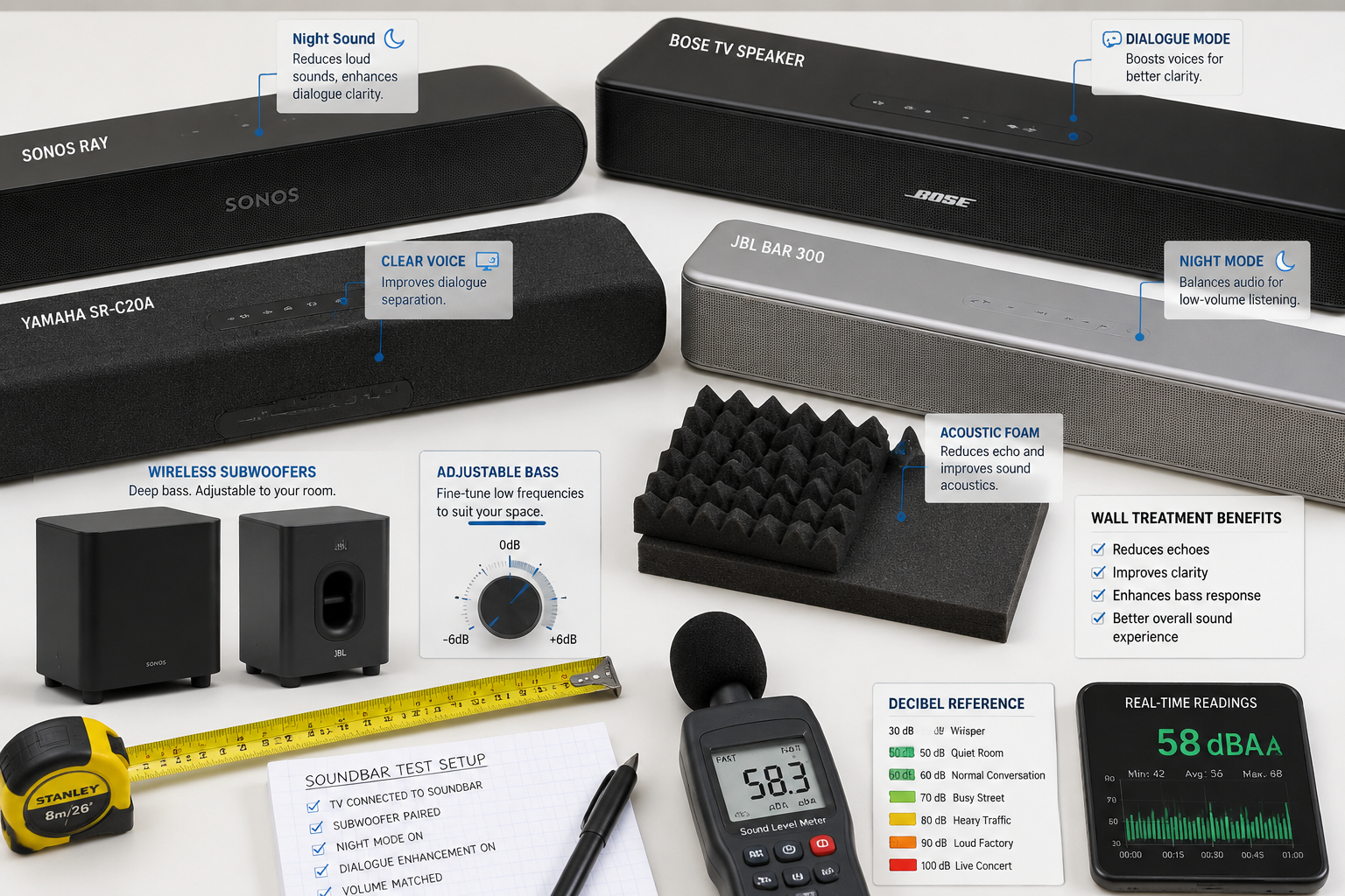 Landscape format (1536x1024) close-up product photography montage showing four compact soundbars arranged on white surface with technical callouts and labels, highlighting night mode buttons, dialogue enhancement controls, wireless subwoofer units with adjustable bass settings, acoustic foam padding samples for wall treatment, measurement tools and decibel readers visible, clean studio lighting, detailed texture of speaker grills, professional product review aesthetic with annotations and feature highlights