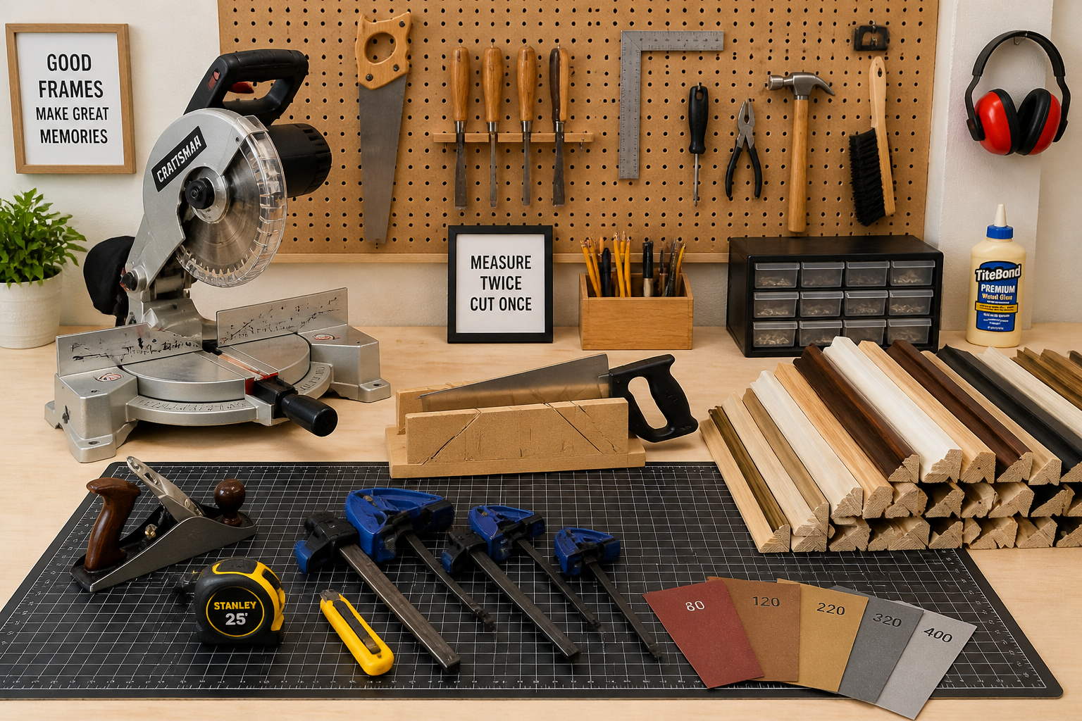 A detailed, wide-angle shot of a beginner's woodworking station specifically for picture framing, showcasing essential hand