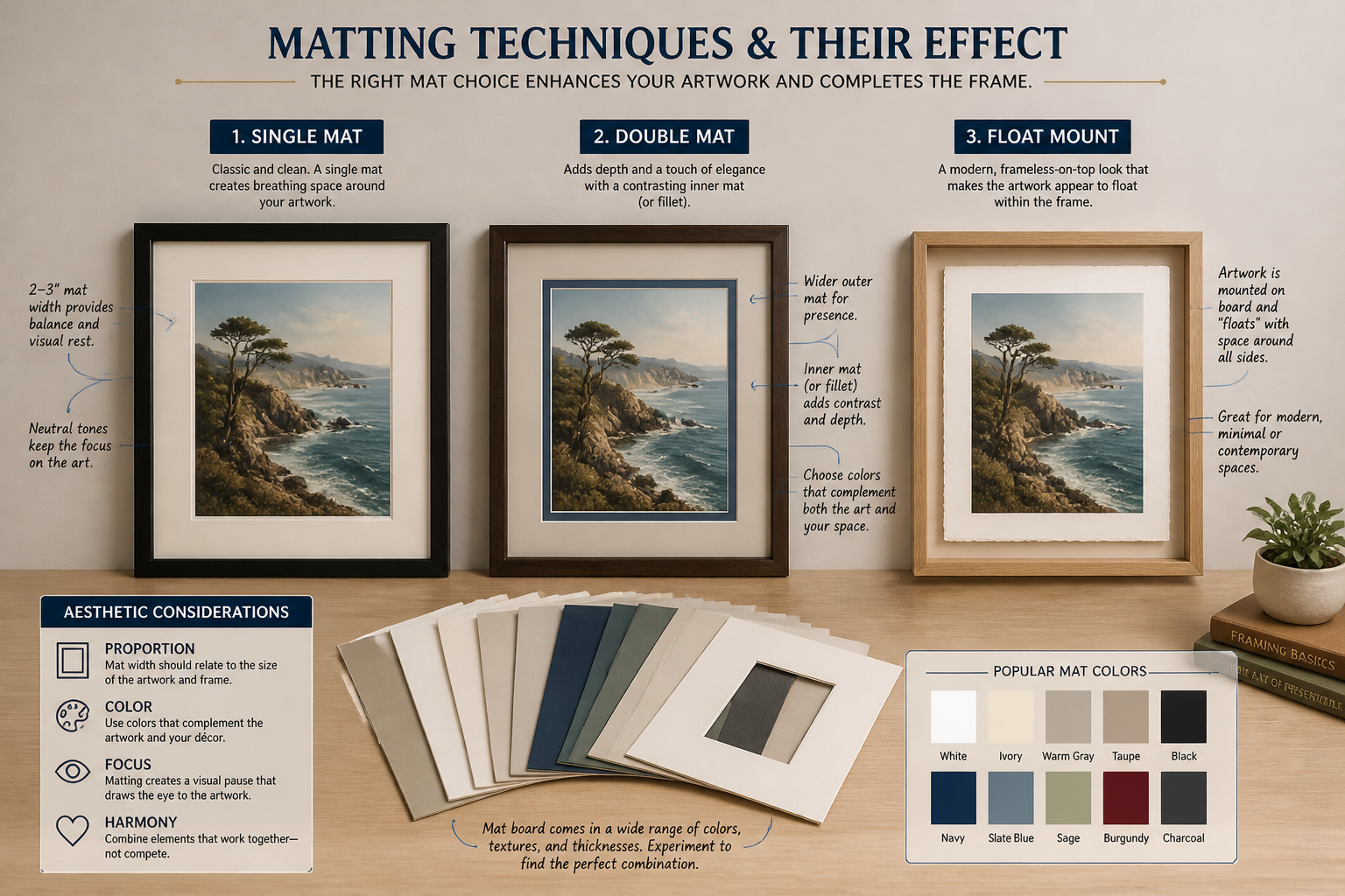 An illustrative diagram or clean photographic composite showing different matting techniques and their effect on an artwork.
