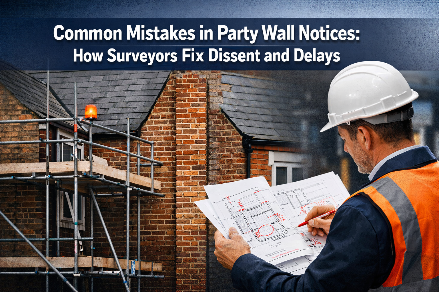 Professional () hero image with 'Common Mistakes in Party Wall Notices: How Surveyors Fix Dissent and Delays' in extra large