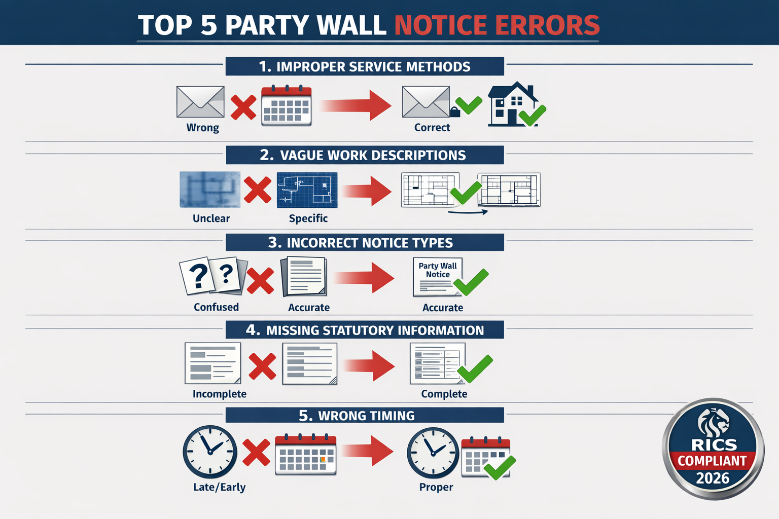 () detailed infographic showing the top 5 party wall notice errors as a numbered vertical flowchart with warning icons. Each