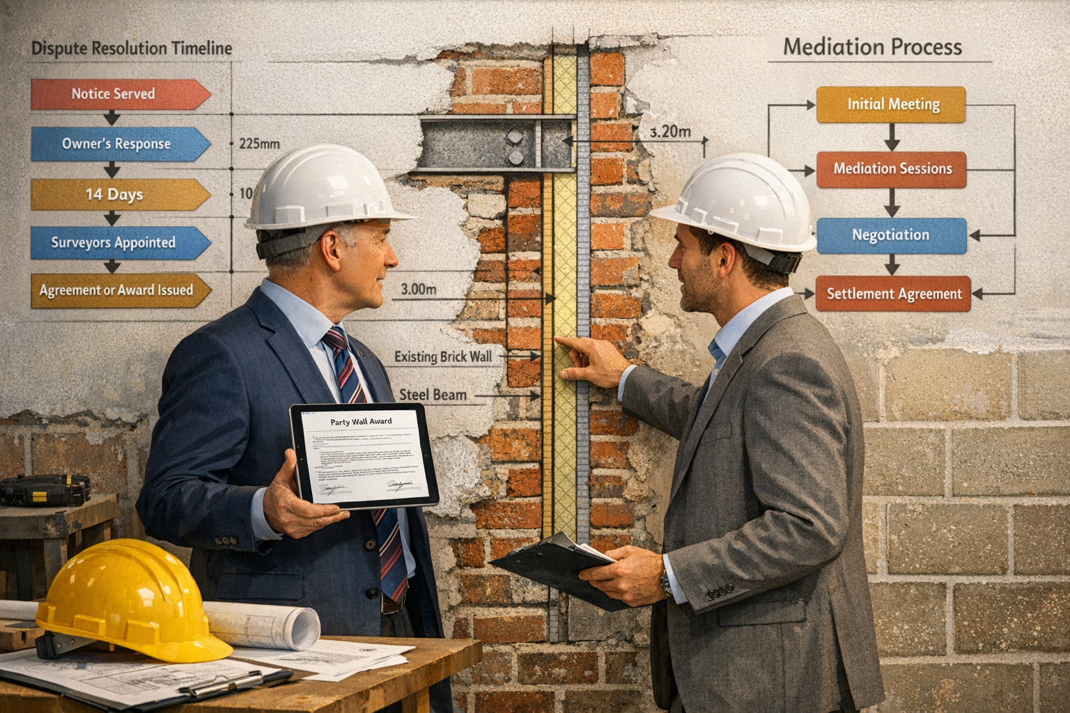 () professional scene showing two surveyors in business attire and hard hats standing at a shared party wall, one holding a