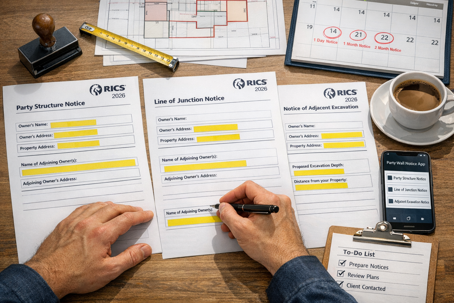 () close-up overhead view of surveyor's desk workspace showing hands filling out official party wall notice template