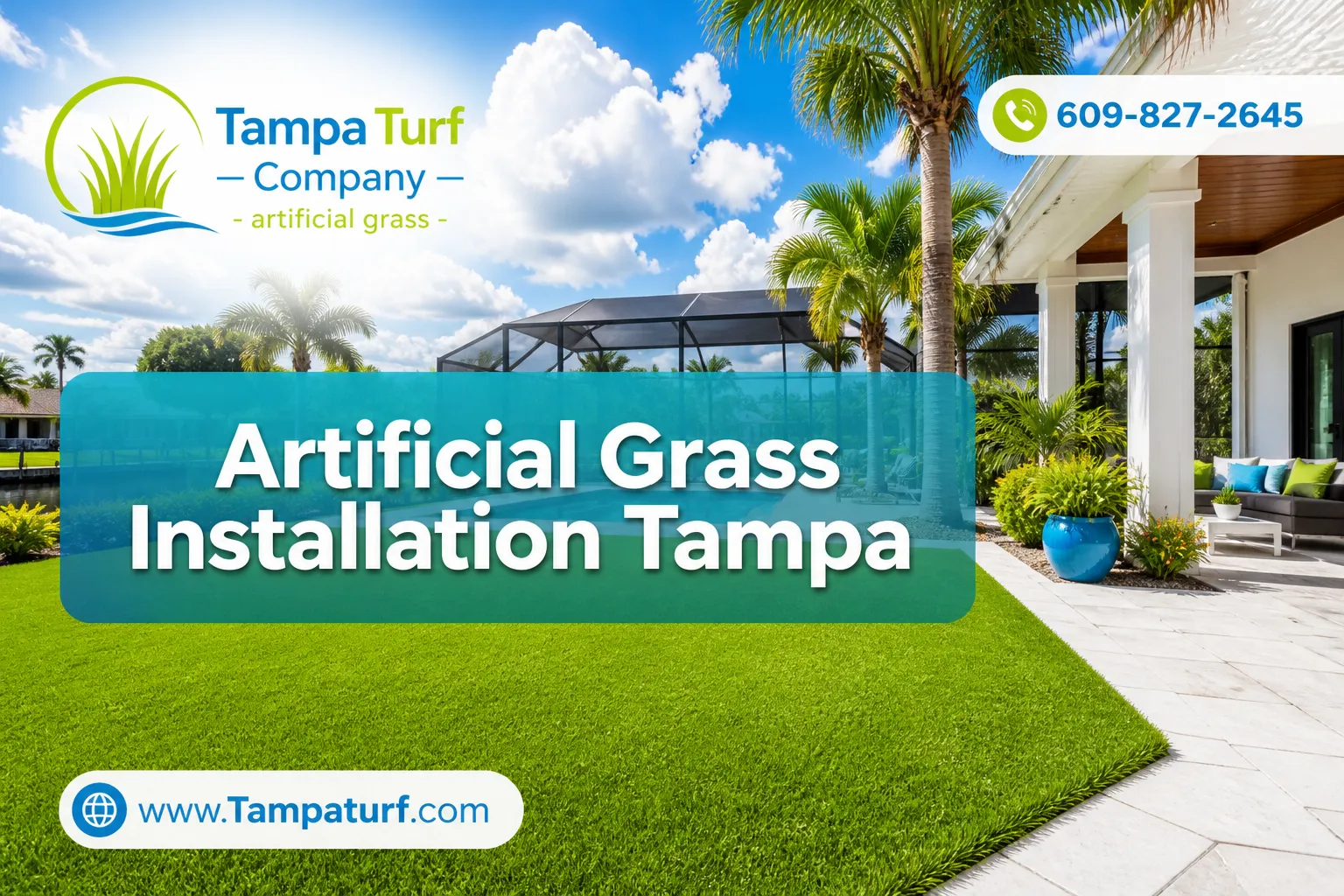 Professional () magazine-cover hero image with SHORT : 'Artificial Grass Installation Tampa' in modern white on a