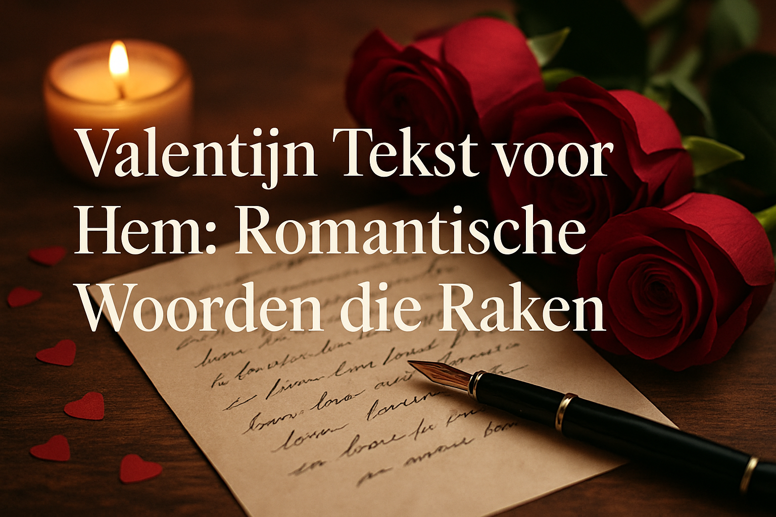 Professional landscape hero image (1536x1024) featuring bold text overlay 'Valentijn Tekst voor Hem: Romantische Woorden die Raken' in extra