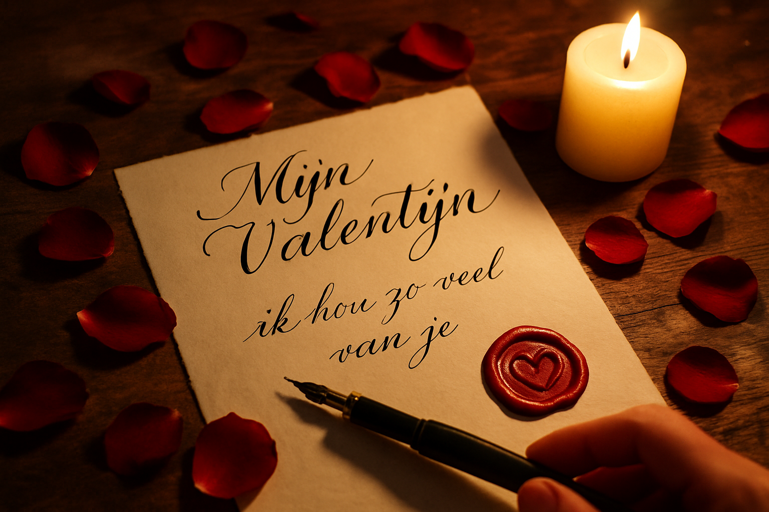 Artistic landscape composition (1536x1024) featuring handwritten Valentine's card with elegant Dutch calligraphy, fountain pen writing roman