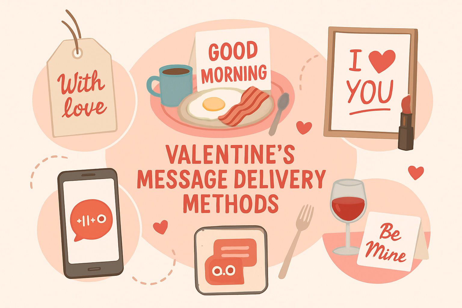 Modern landscape infographic (1536x1024) displaying creative Valentine's message delivery methods: gift tag with romantic text, breakfast no