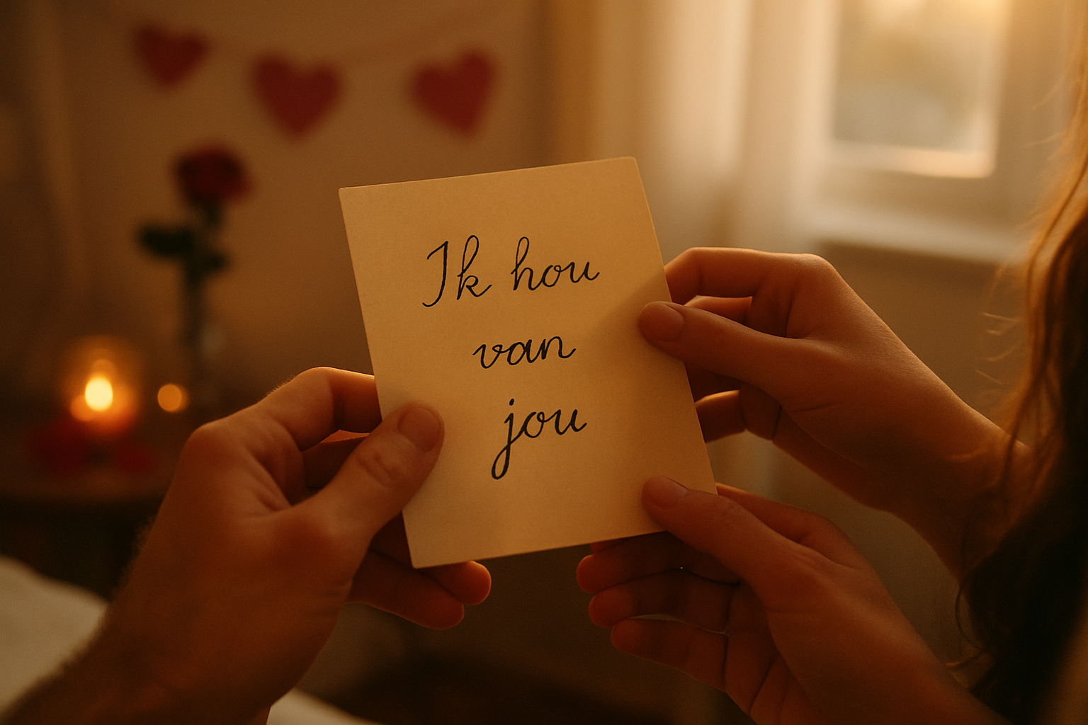 Emotional landscape photograph (1536x1024) showing couple's hands holding romantic handwritten note together, soft focus background with Val