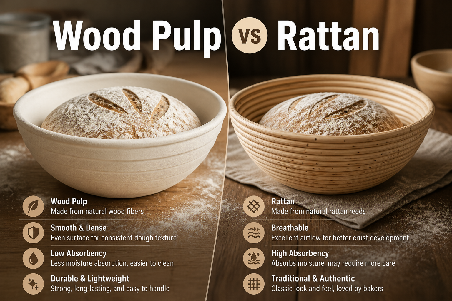 Detailed landscape format (1536x1024) split-screen comparison image showing a wood pulp proofing basket on the left and a rattan banneton on the right. The wood pulp side has a smooth, dense texture with a dusted sourdough loaf, while the rattan side shows woven wood texture. Text overlay reads 'Wood Pulp vs Rattan' in bold modern sans-serif. Clean, educational infographic aesthetic with warm lighting. Wood Pulp Proofing Baskets
