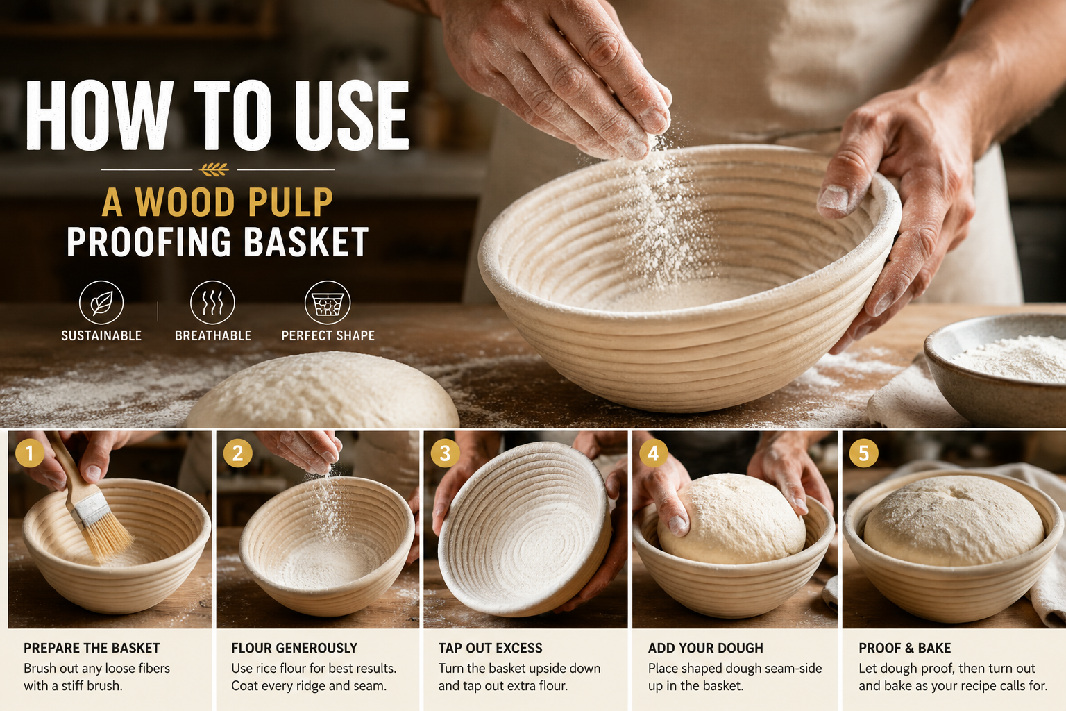 Detailed landscape format (1536x1024) step-by-step visual guide showing how to flour and use a wood pulp proofing basket. The image features a baker's hands dusting rice flour into a round wood pulp basket, with a shaped sourdough dough ball nearby. Text overlay reads 'How to Use' in bold typography. Bright, professional bakery lighting, shallow depth of field focusing on the basket texture. Do I need to flour a wood pulp proofing basket?