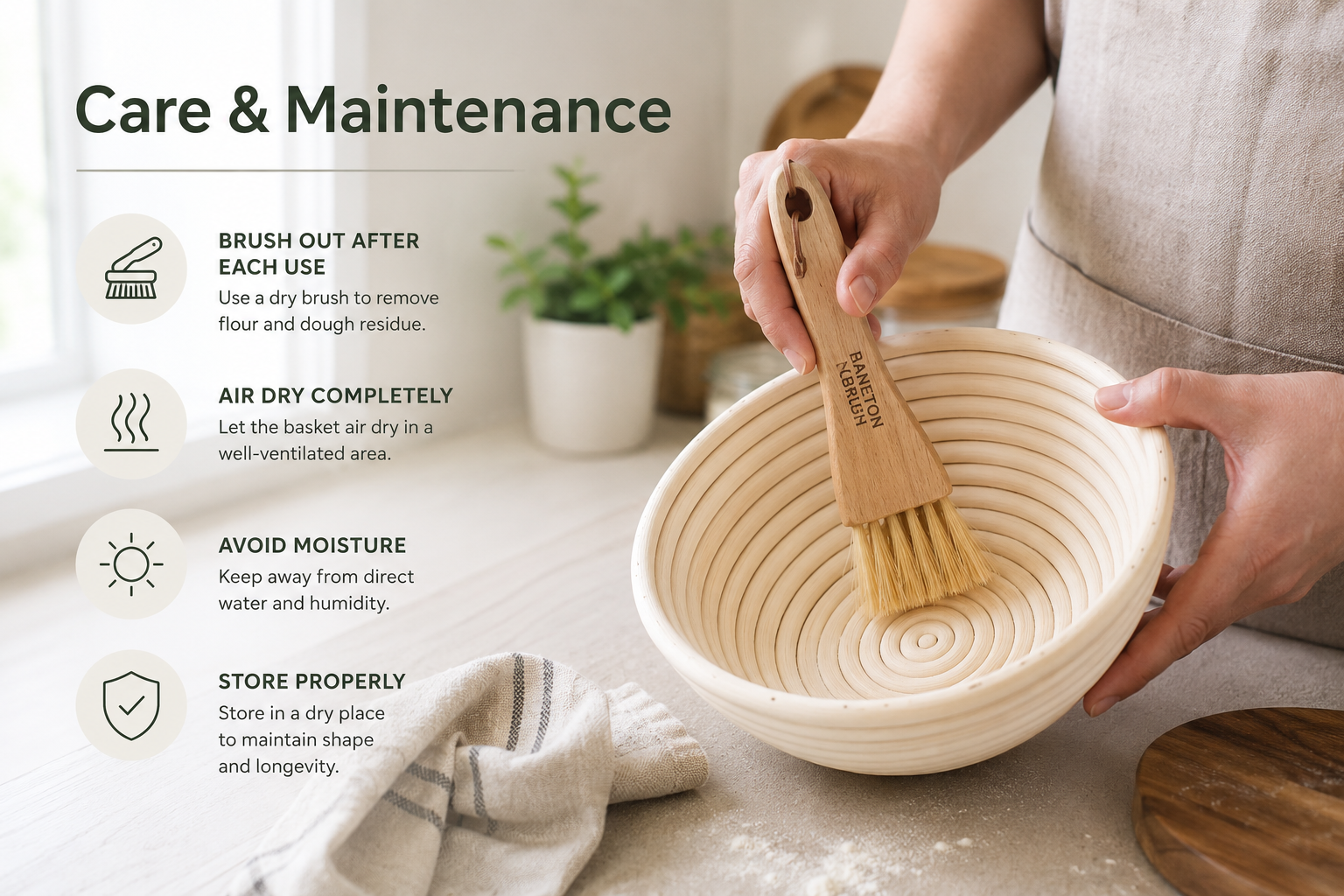 Detailed landscape format (1536x1024) maintenance and cleaning guide image showing a wood pulp proofing basket being brushed out with a dedicated banneton brush. The background features a clean, organized kitchen counter with natural light. Text overlay reads 'Care & Maintenance' in clean sans-serif font. Minimalist, instructional aesthetic with neutral color tones. What size wood pulp proofing basket should I get?