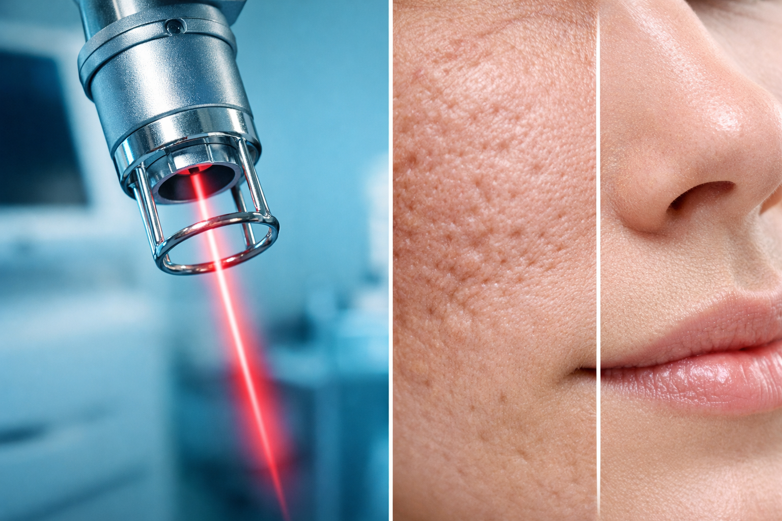 () editorial image showing a detailed split-panel comparison of different laser treatment technologies for acne scars. Left