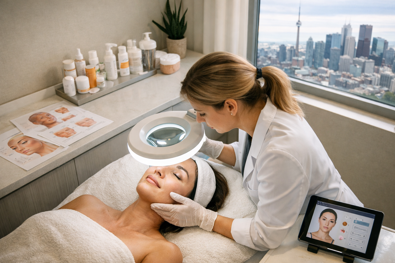 () editorial image depicting a Toronto med spa consultation scene viewed from above at a 45-degree angle. A licensed