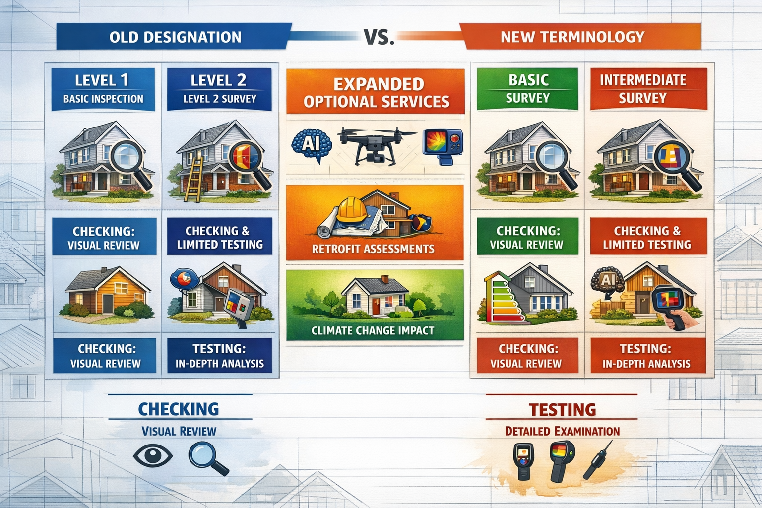 () comparison chart displaying three-tier survey level system with updated terminology, side-by-side visual comparison