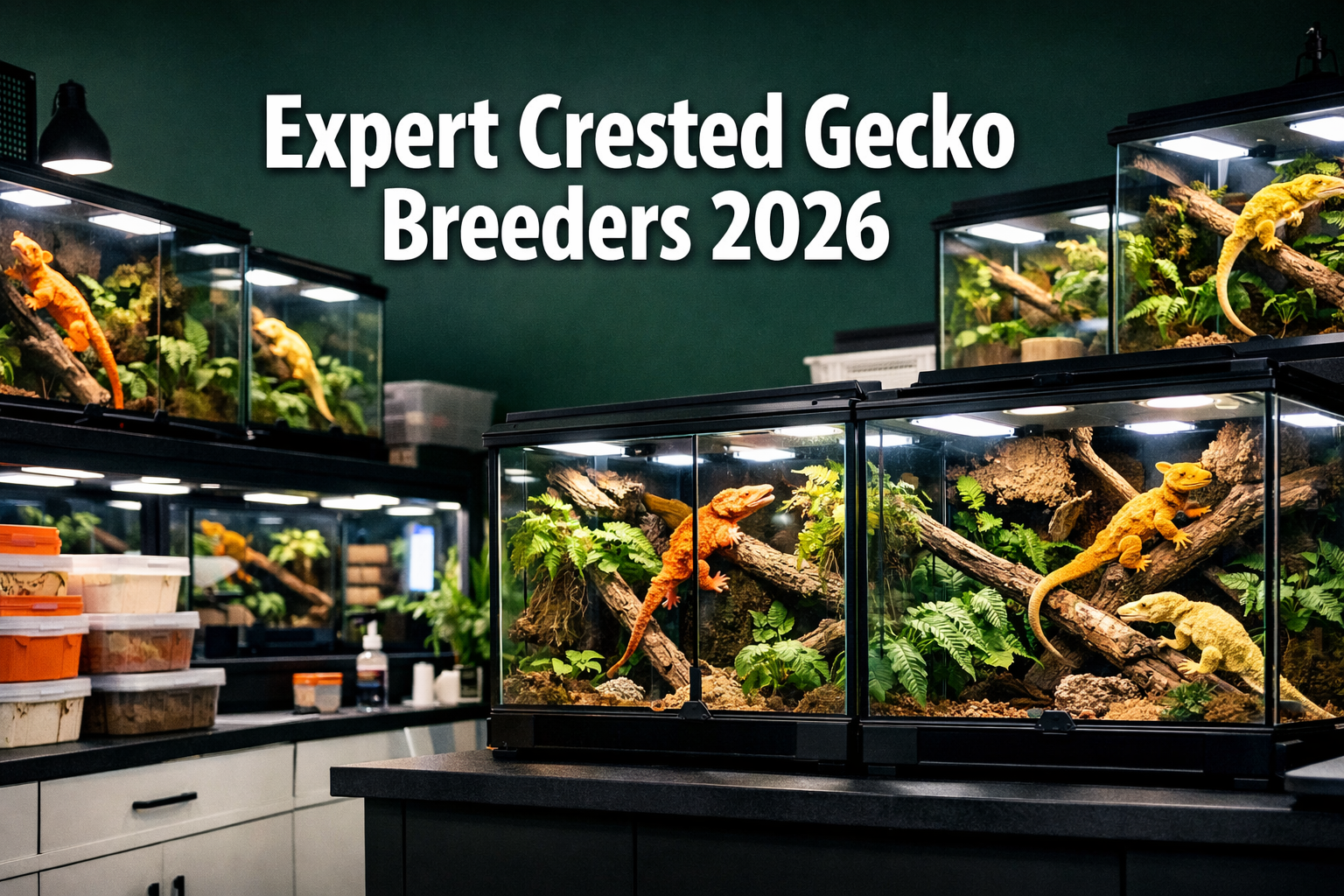 Professional landscape format (1536x1024) hero image featuring bold text overlay 'Expert Crested Gecko Breeders 2026' in extra large 72pt wh