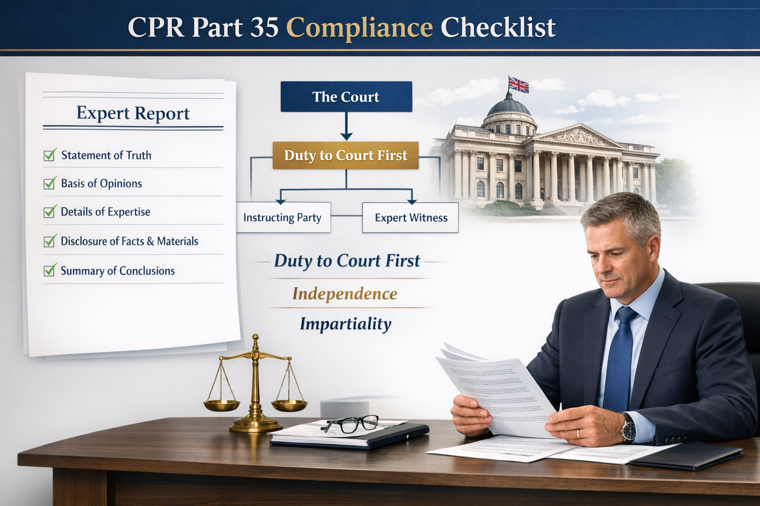 () detailed infographic showing CPR Part 35 compliance checklist with professional surveyor in business attire reviewing