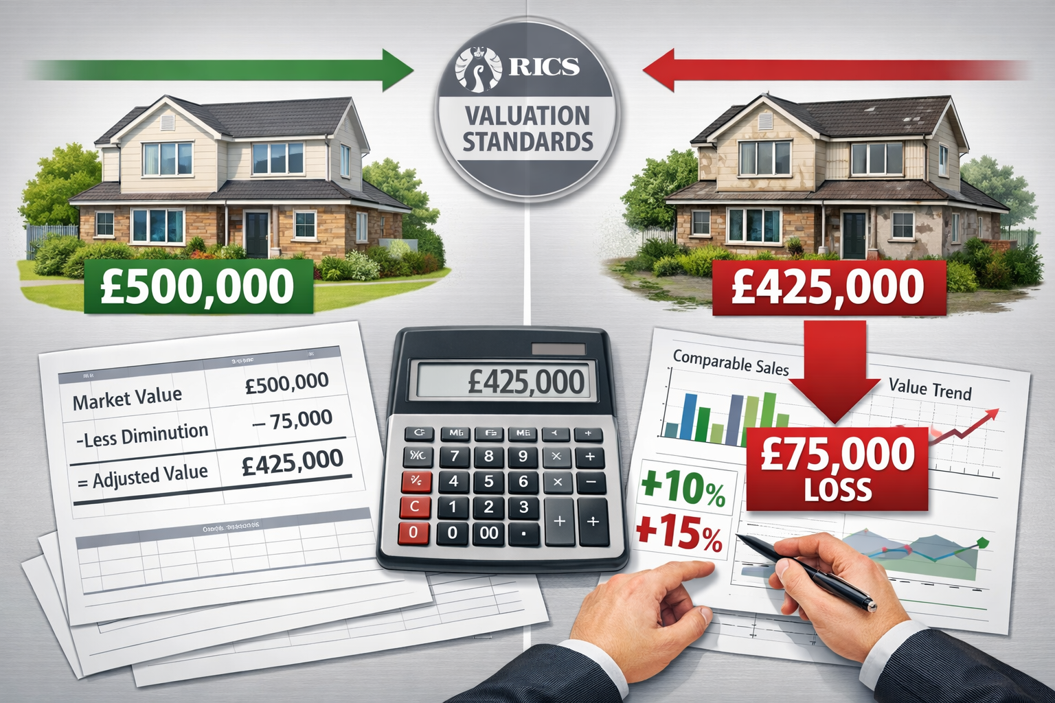 () technical illustration showing diminution in value calculation methodology with split-screen comparison. Left side: