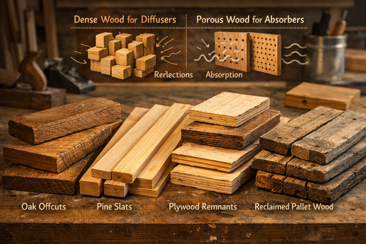 Detailed () image focusing on the diverse types of scrap wood suitable for acoustic treatment, arranged aesthetically.