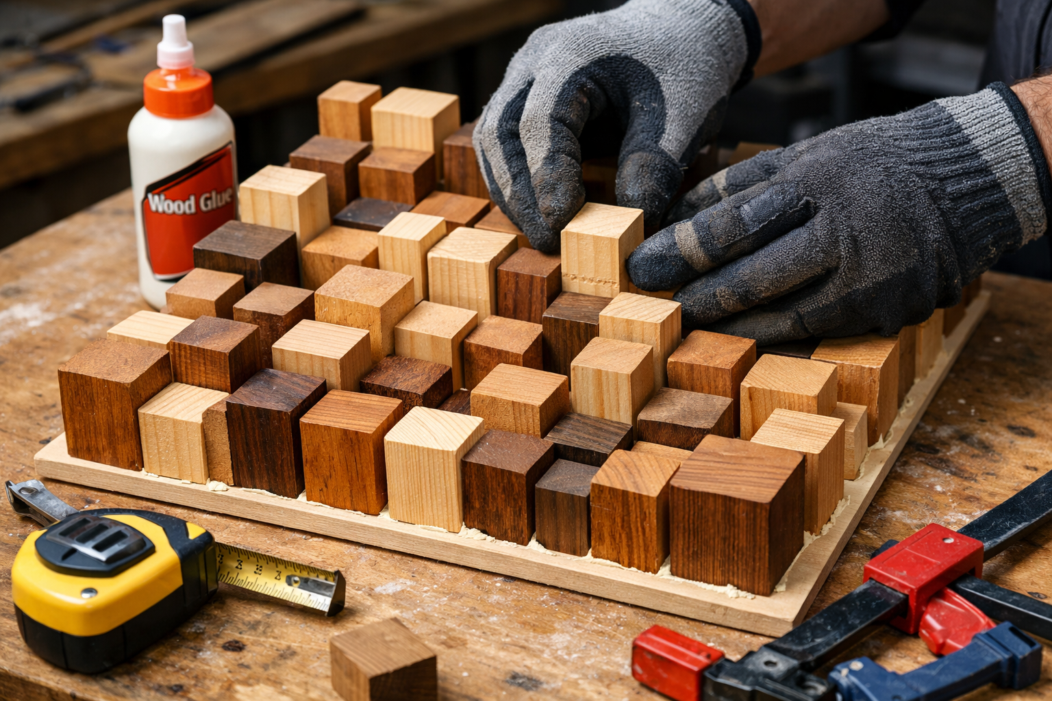 Detailed () image showcasing the construction of a QRD (Quadratic Residue Diffuser) from various scrap wood blocks. The