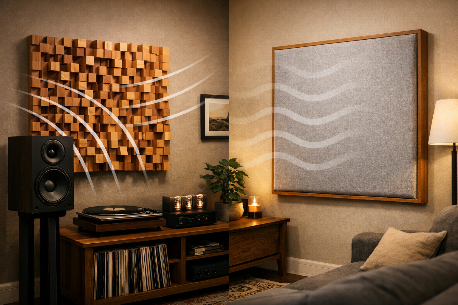 Detailed () image depicting finished DIY acoustic panels integrated into a home audio environment. One side of the image