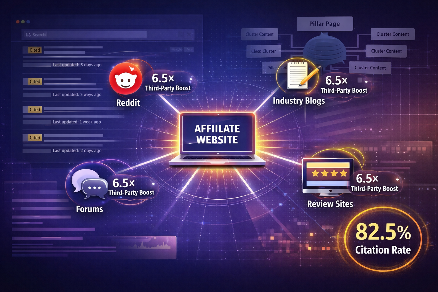 Landscape format (1536x1024) authority signal visualization showing multi-platform citation ecosystem. Central hub displays affiliate websit