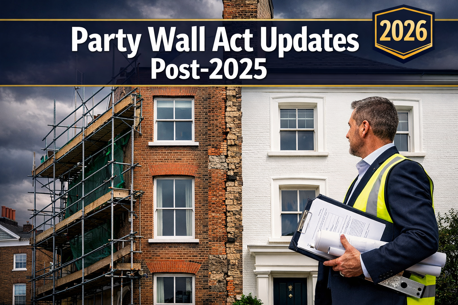 Professional () hero image with : 'Party Wall Act Updates Post-2025' in extra large white with dark semi-transparent