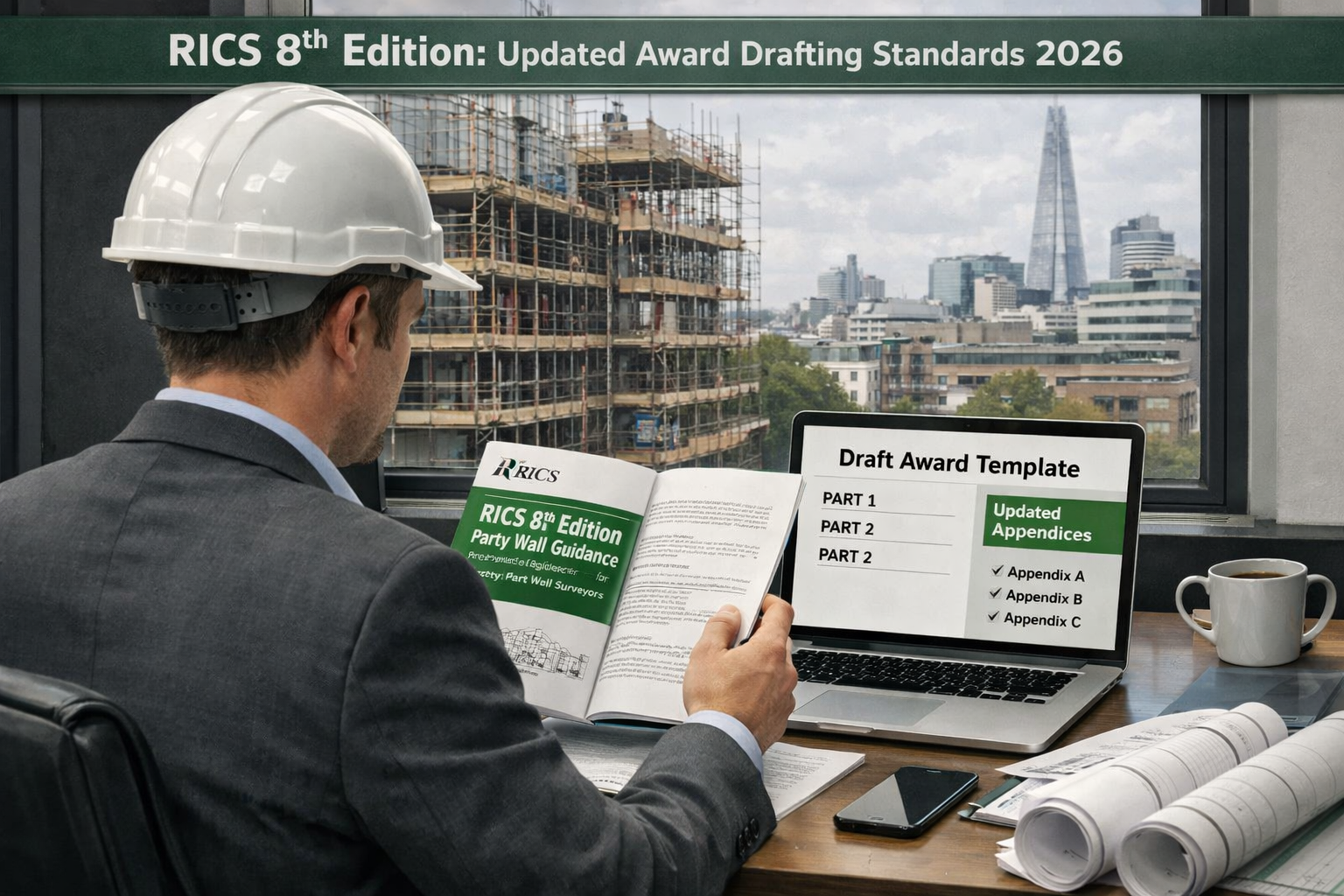 () showing a surveyor in hard hat and professional attire at a desk reviewing the RICS 8th Edition party wall guidance