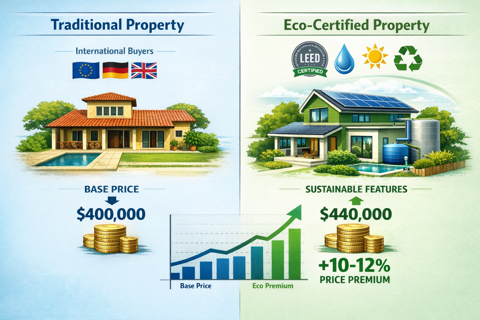 Detailed landscape format (1536x1024) infographic showing ESG certification badges and sustainability premium pricing comparison. Split-scre