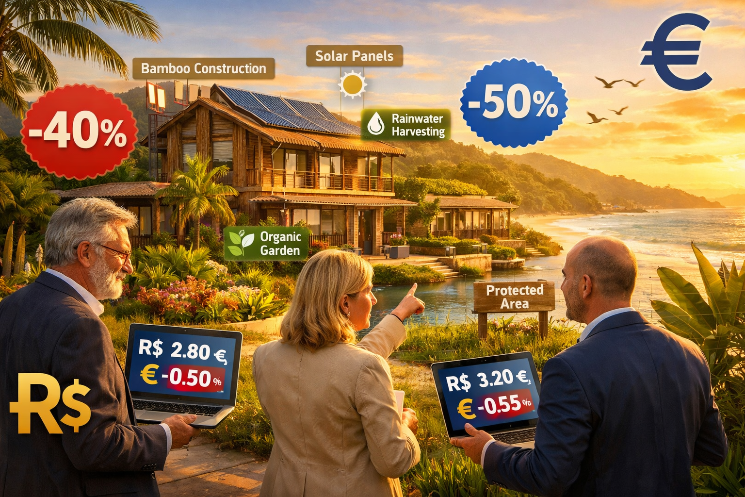 Detailed landscape format (1536x1024) conceptual illustration of international buyers from Europe examining Brazilian coastal eco-resort pro