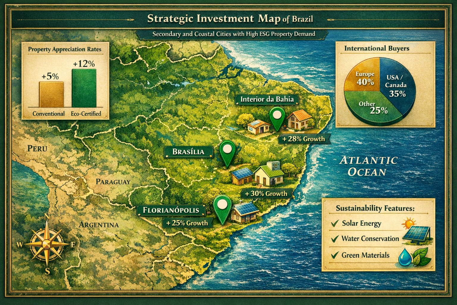 Detailed landscape format (1536x1024) strategic investment map of Brazil highlighting secondary and coastal cities with highest ESG property