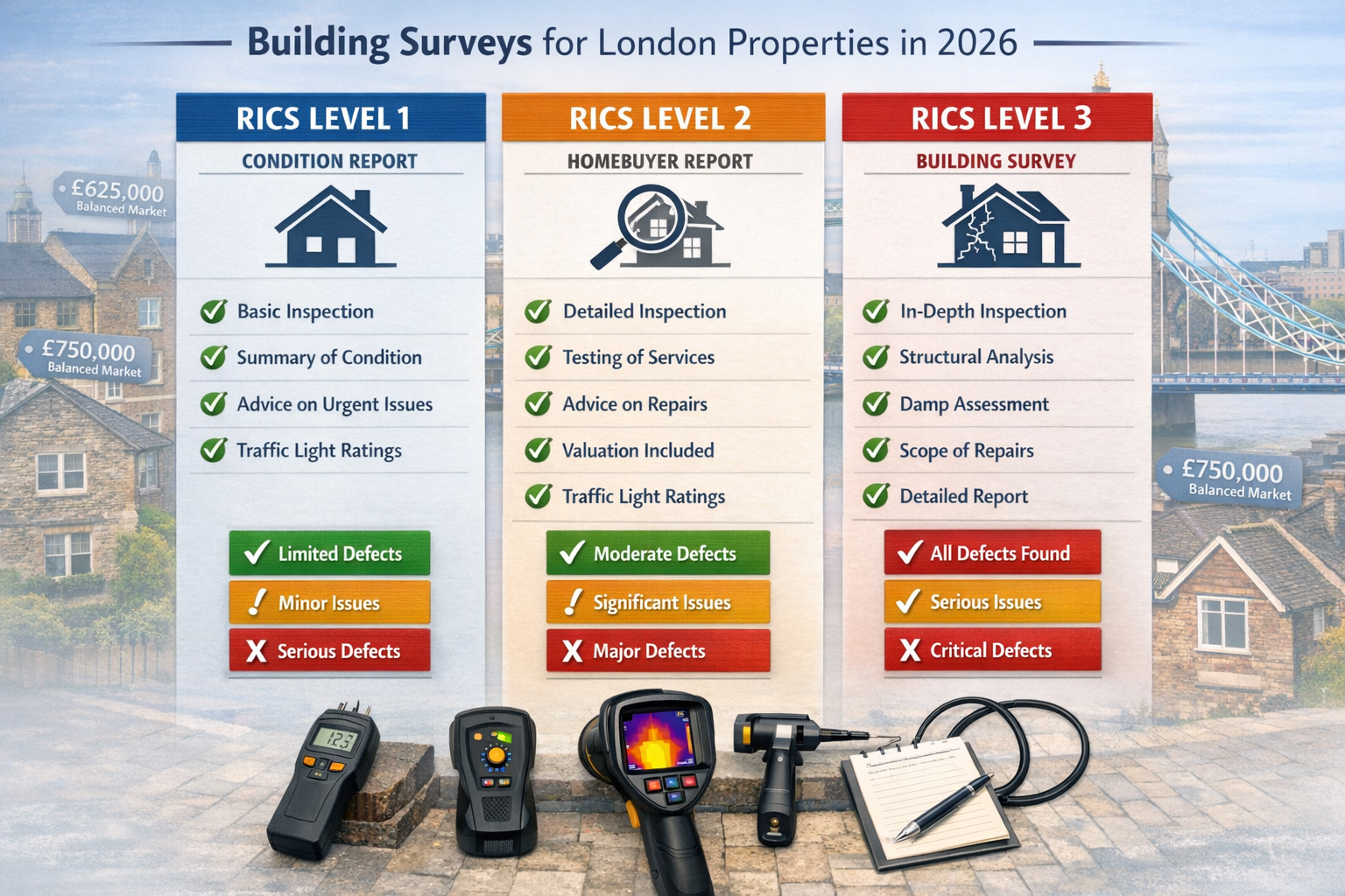 Detailed landscape format (1536x1024) infographic showing three-tier building survey comparison chart for London properties in 2026. Visual