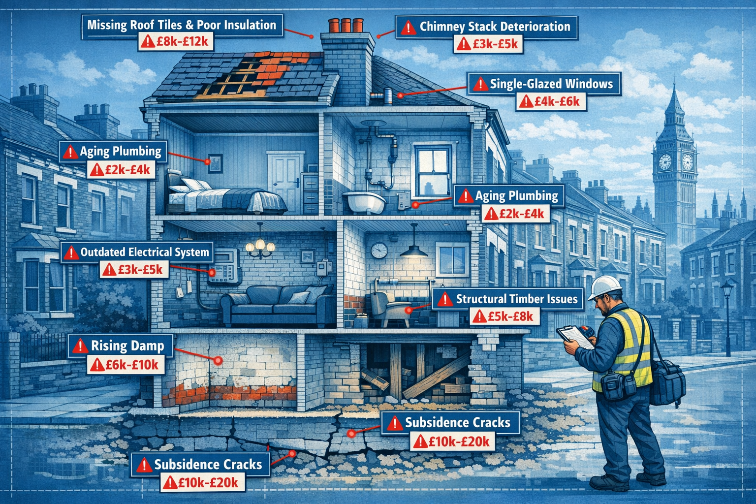 Detailed landscape format (1536x1024) cutaway architectural illustration of typical London Victorian terraced house showing common defects a