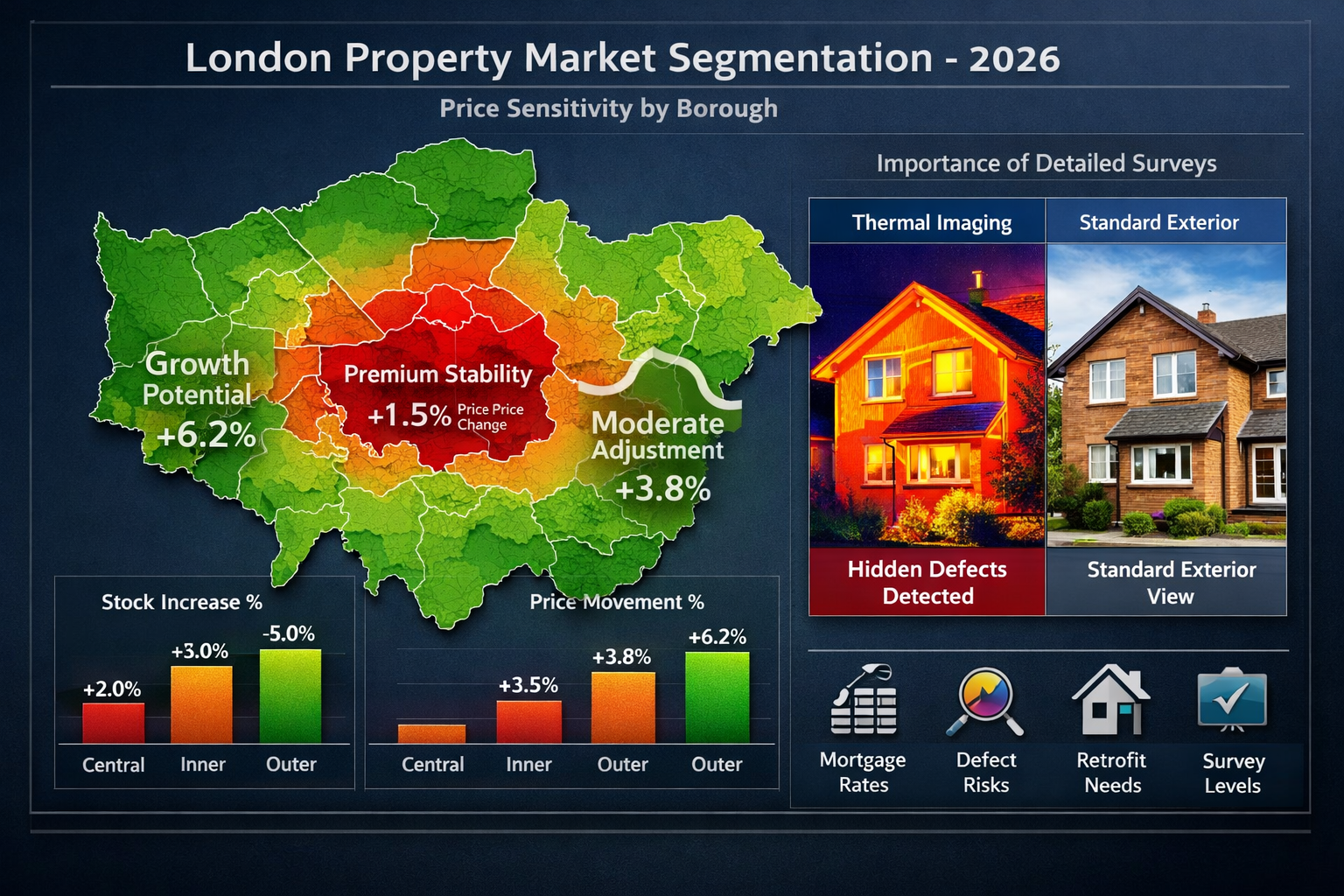 Detailed landscape format (1536x1024) data visualization dashboard showing London property market segmentation by borough in 2026. Map of Lo