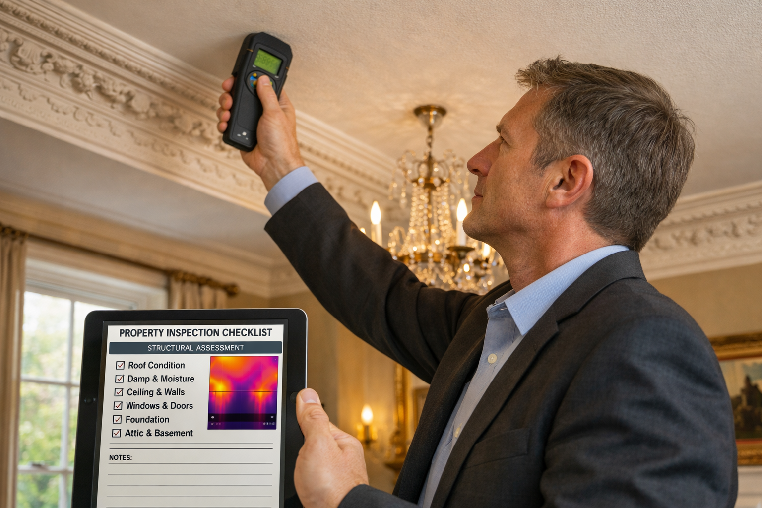 Detailed () image showing professional chartered surveyor conducting detailed property inspection inside luxury £2M+ home,