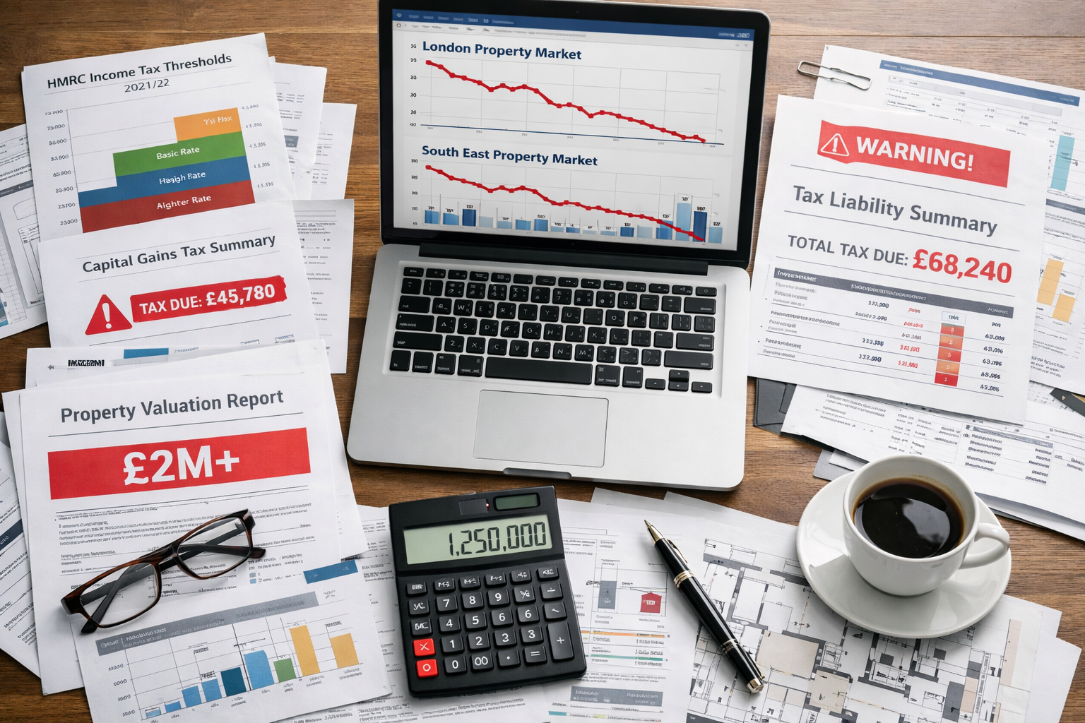 Wide-angle () image of modern office desk with multiple documents spread out including HMRC tax threshold charts, property