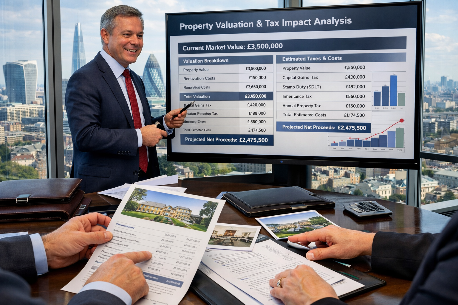 Close-up () image of professional meeting scene with chartered surveyor presenting comprehensive risk mitigation strategy to