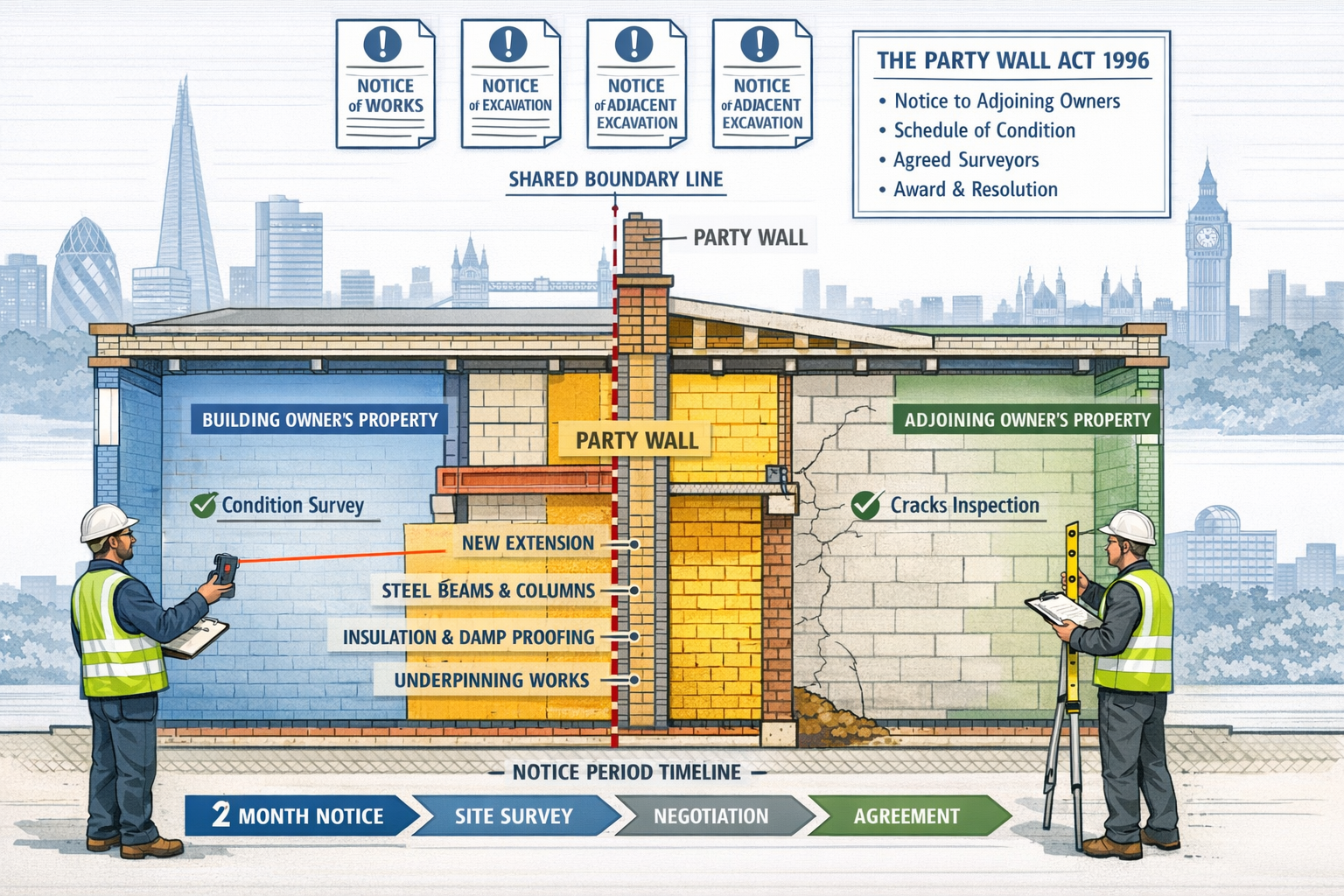 Detailed landscape format (1536x1024) illustration showing cross-section architectural diagram of London office building party wall during r