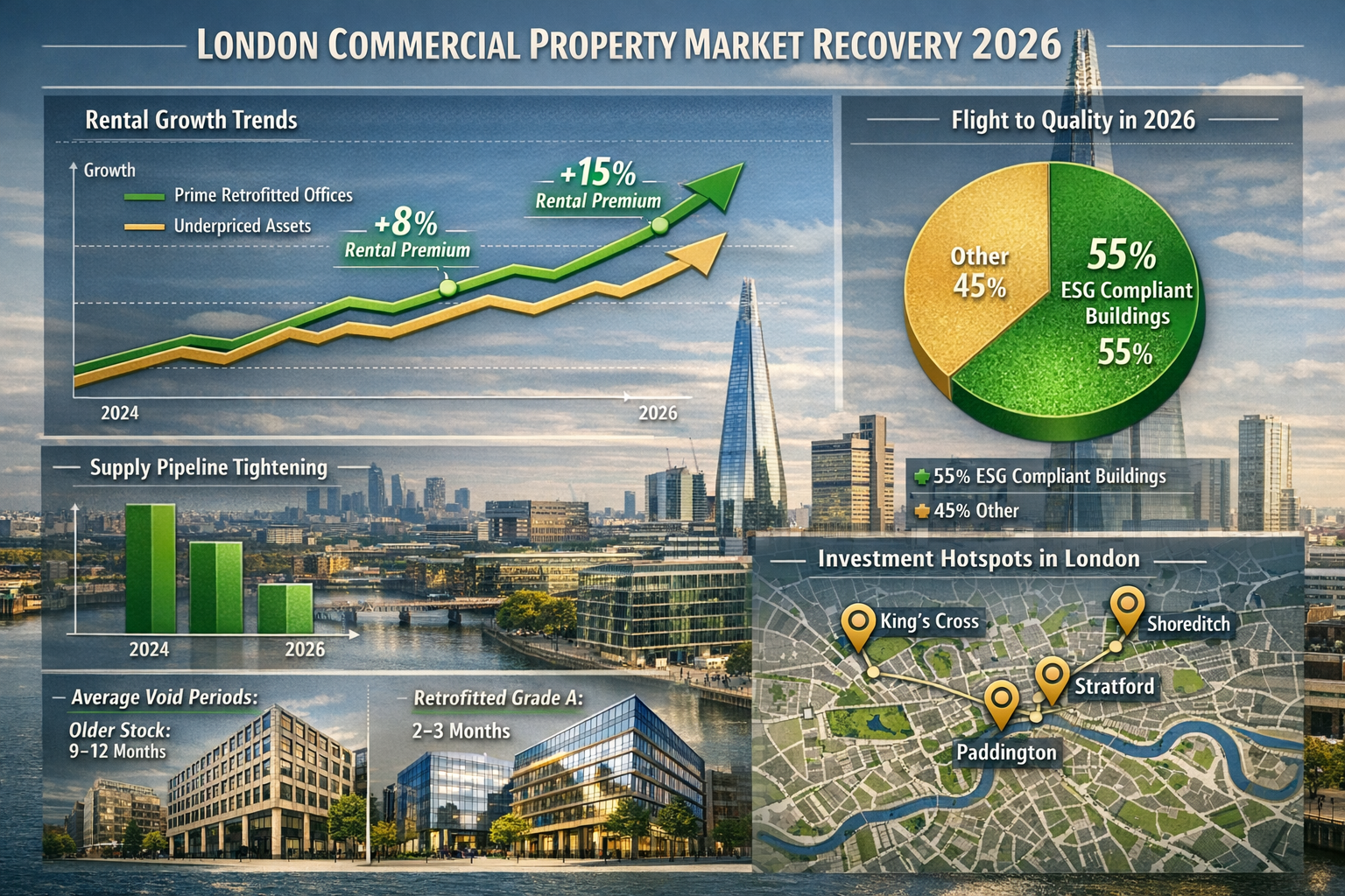 Detailed landscape format (1536x1024) infographic showing London commercial property market recovery data for 2026. Visual includes upward t