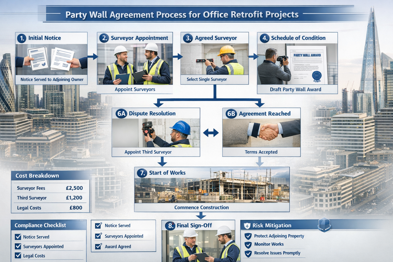 Detailed landscape format (1536x1024) step-by-step visual guide showing party wall agreement process for office retrofit projects. Flowchart