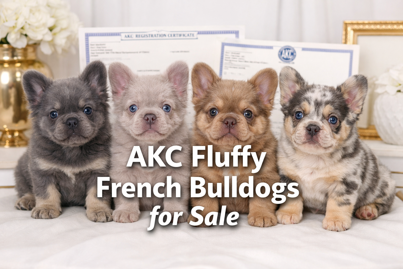 Professional landscape hero image (1536x1024) featuring bold text overlay 'AKC Fluffy French Bulldogs for Sale' in extra large 72pt white sa