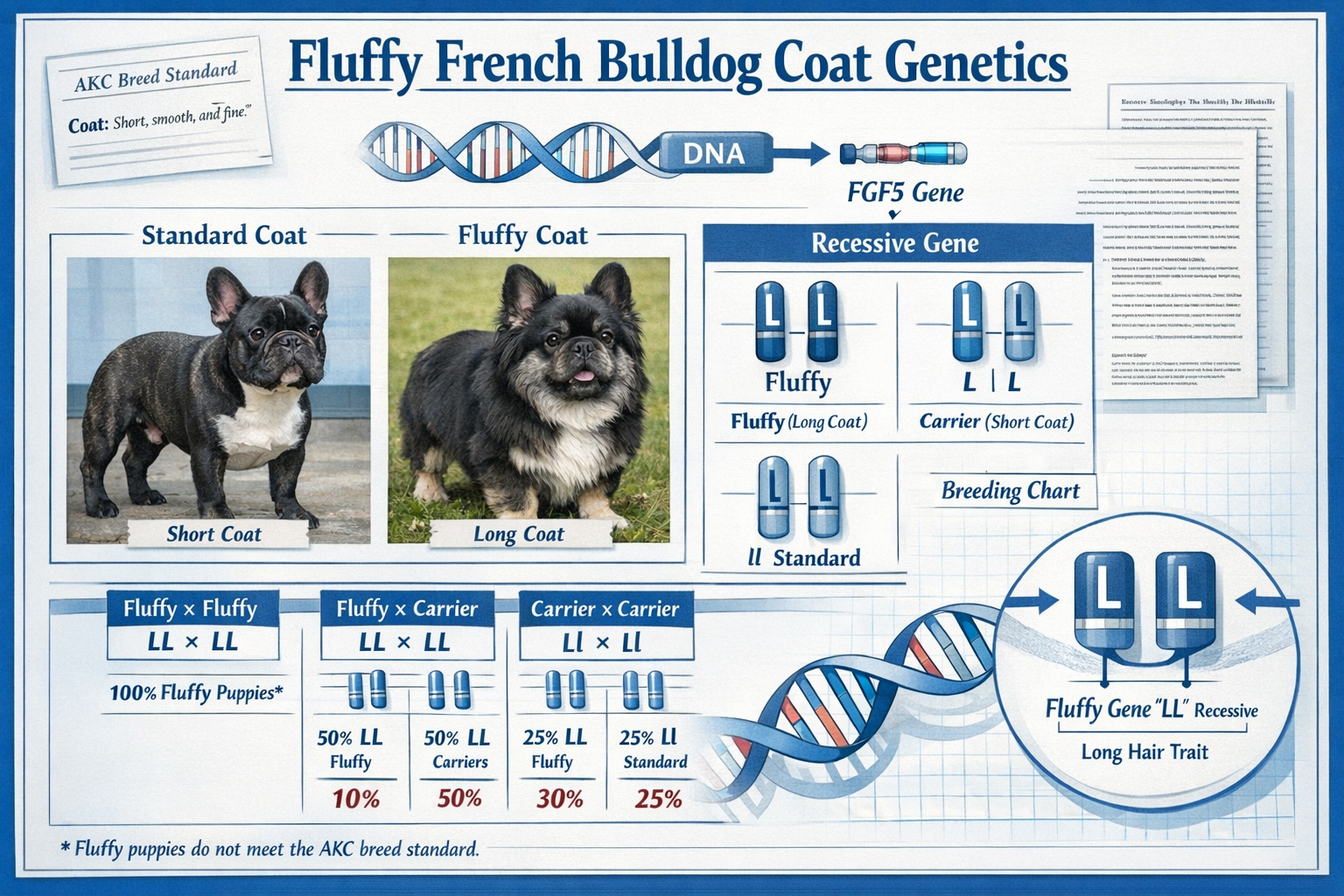 Detailed infographic showing fluffy French Bulldog coat genetics with DNA helix, recessive gene markers, breeding charts, and comparison pho