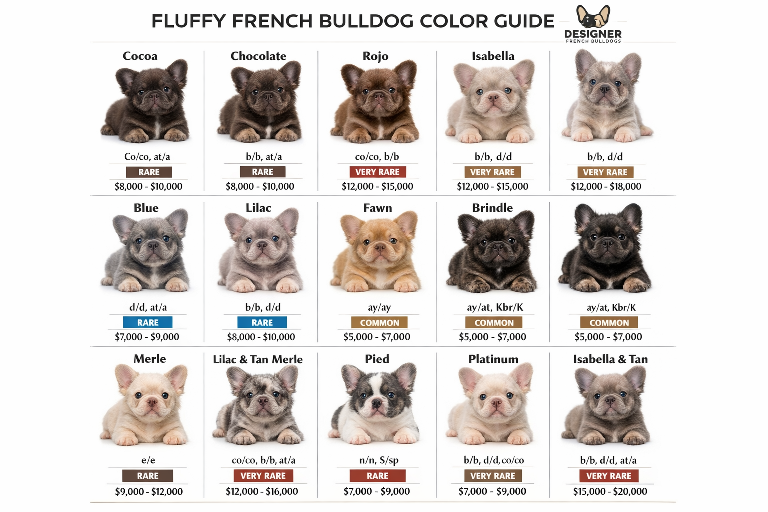 Comprehensive color chart displaying 15+ fluffy French Bulldog color variations including cocoa, chocolate, rojo, isabella, pied, lilac, blu