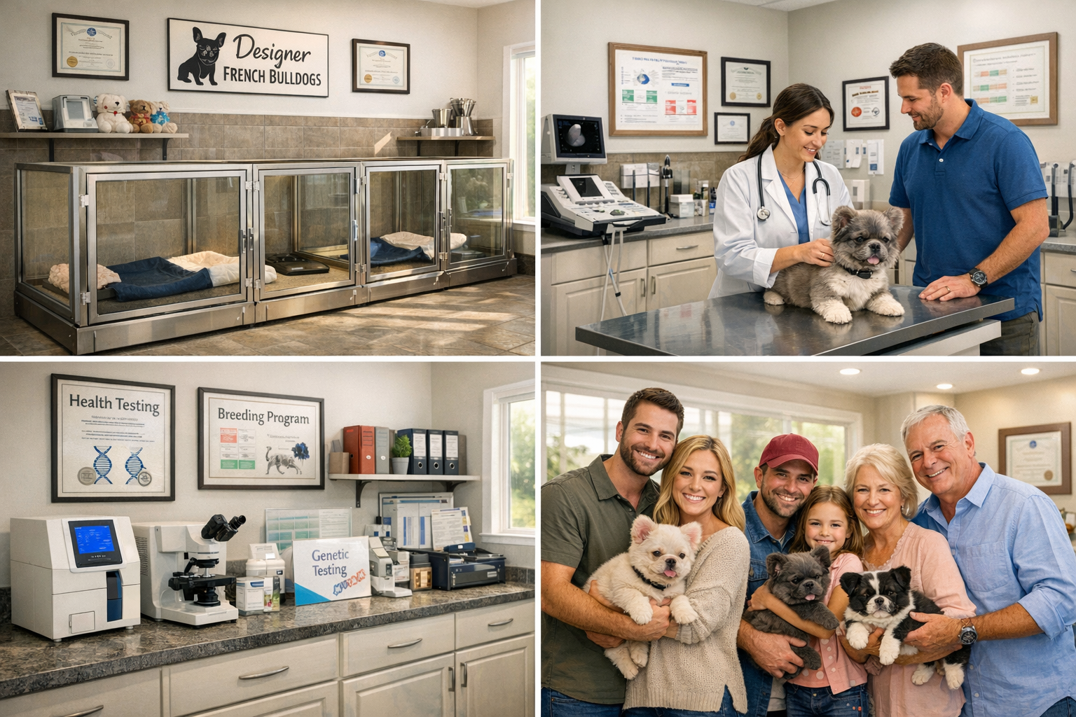 Professional breeder facility showcase featuring Designer French Bulldogs kennels, health testing equipment, veterinary examination rooms, a