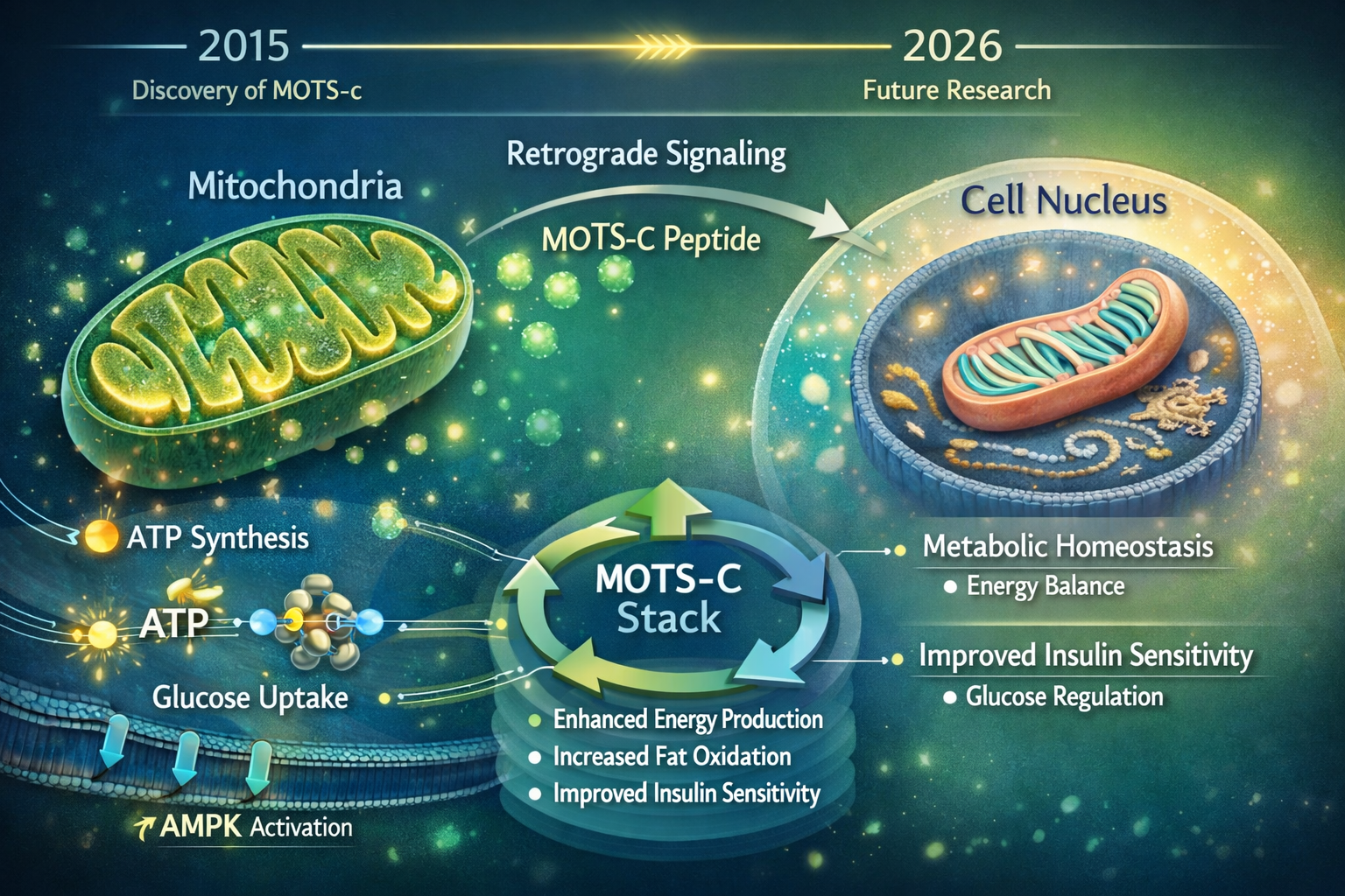 An intricate infographic illustrating the molecular mechanisms of MOTS-c, depicting a stylized mitochondrion communicating with a cell nucle