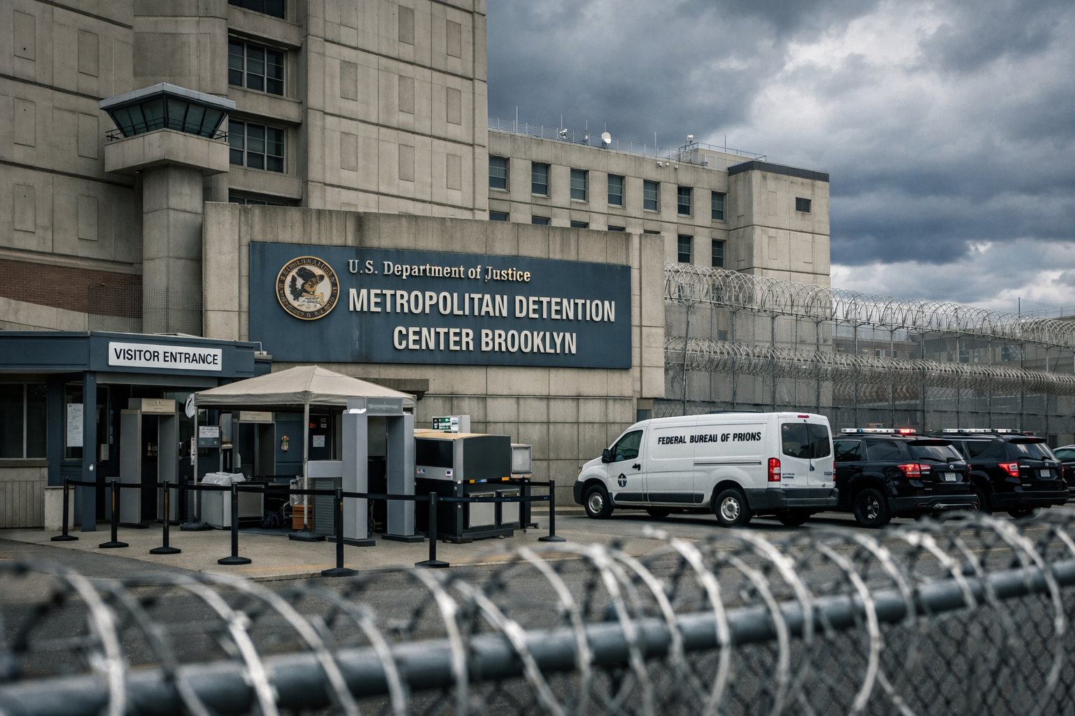 Minnesota Man Arrested for Impersonating FBI Agent at Brooklyn Jail 1 Detailed landscape format (1536x1024) editorial image showing Metropolitan Detention Center Brooklyn facility exterior with imposing concret