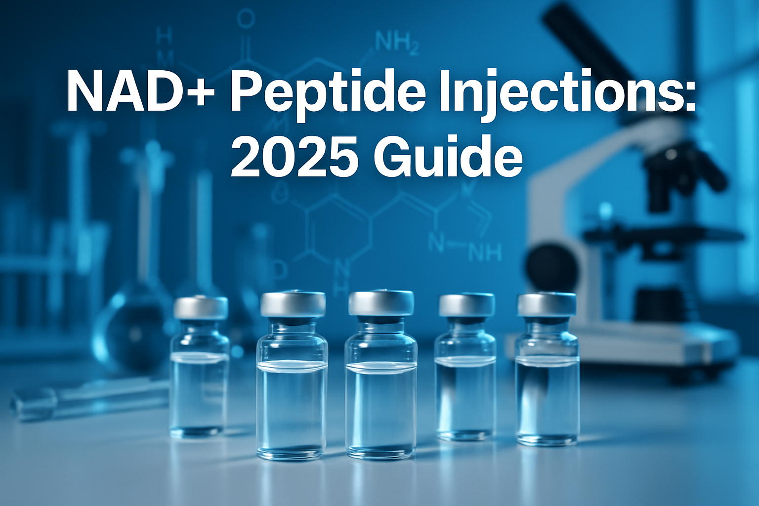 Professional landscape hero image (1536x1024) featuring bold text overlay 'NAD+ Peptide Injections: 2025 Guide' in extra large 72pt white sa