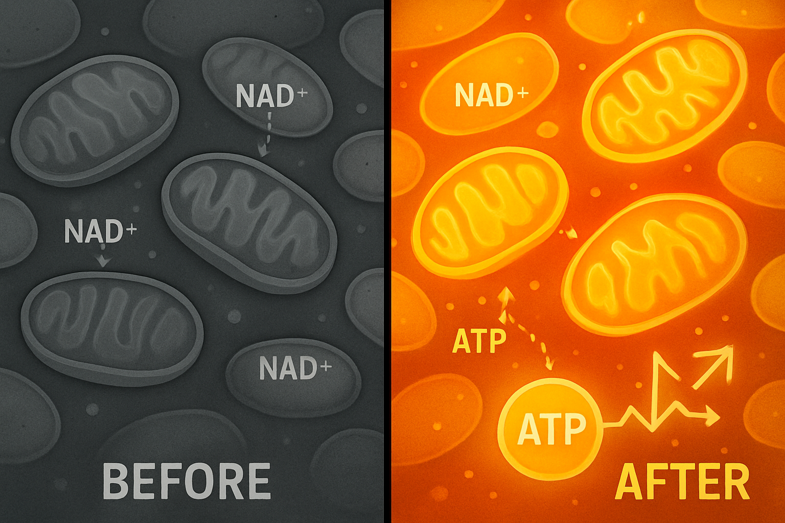 Split-screen comparison image showing before/after cellular energy levels, left side depicting tired mitochondria in muted grays, right side