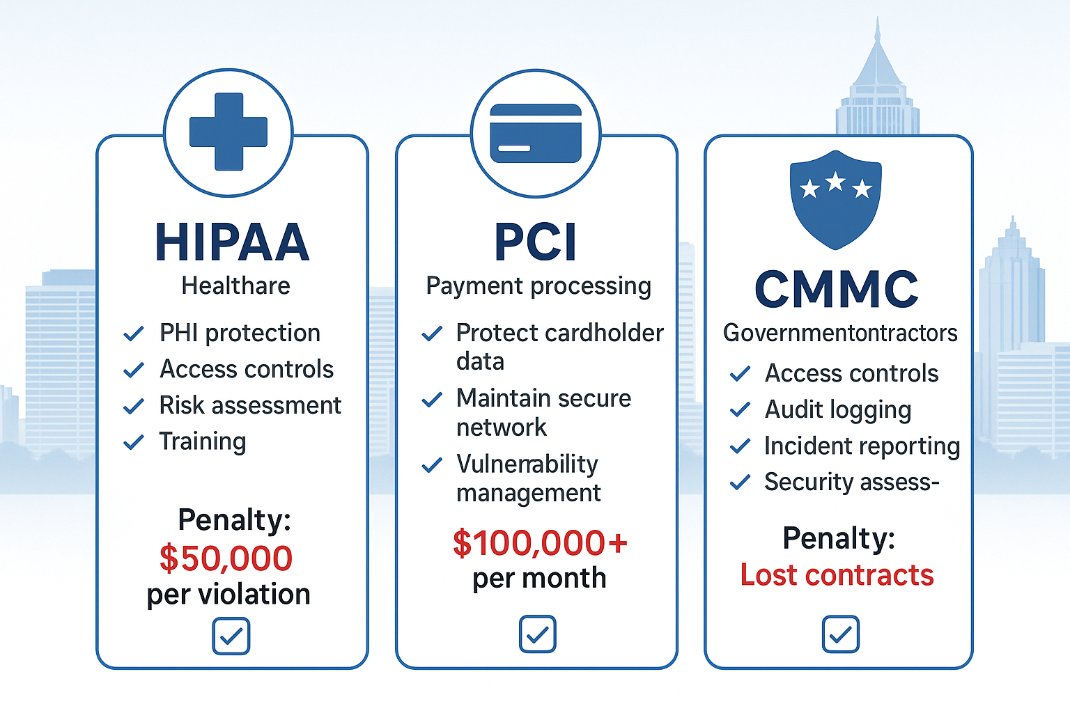 Detailed infographic showing three distinct sections labeled HIPAA, PCI, and CMMC with corresponding industry icons - medical cross for heal